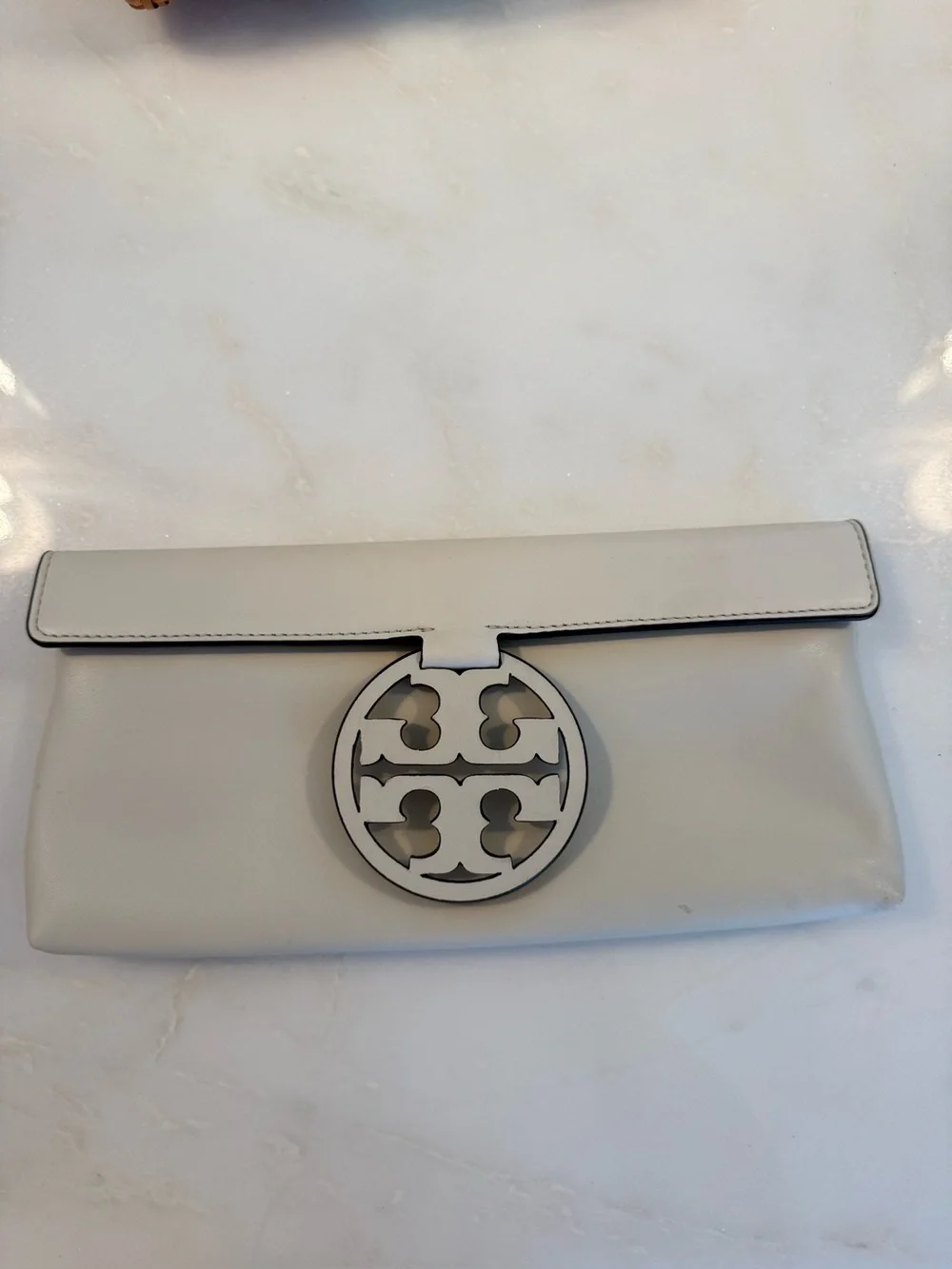 Tory Burch Light Grey Leather Logo Clutch